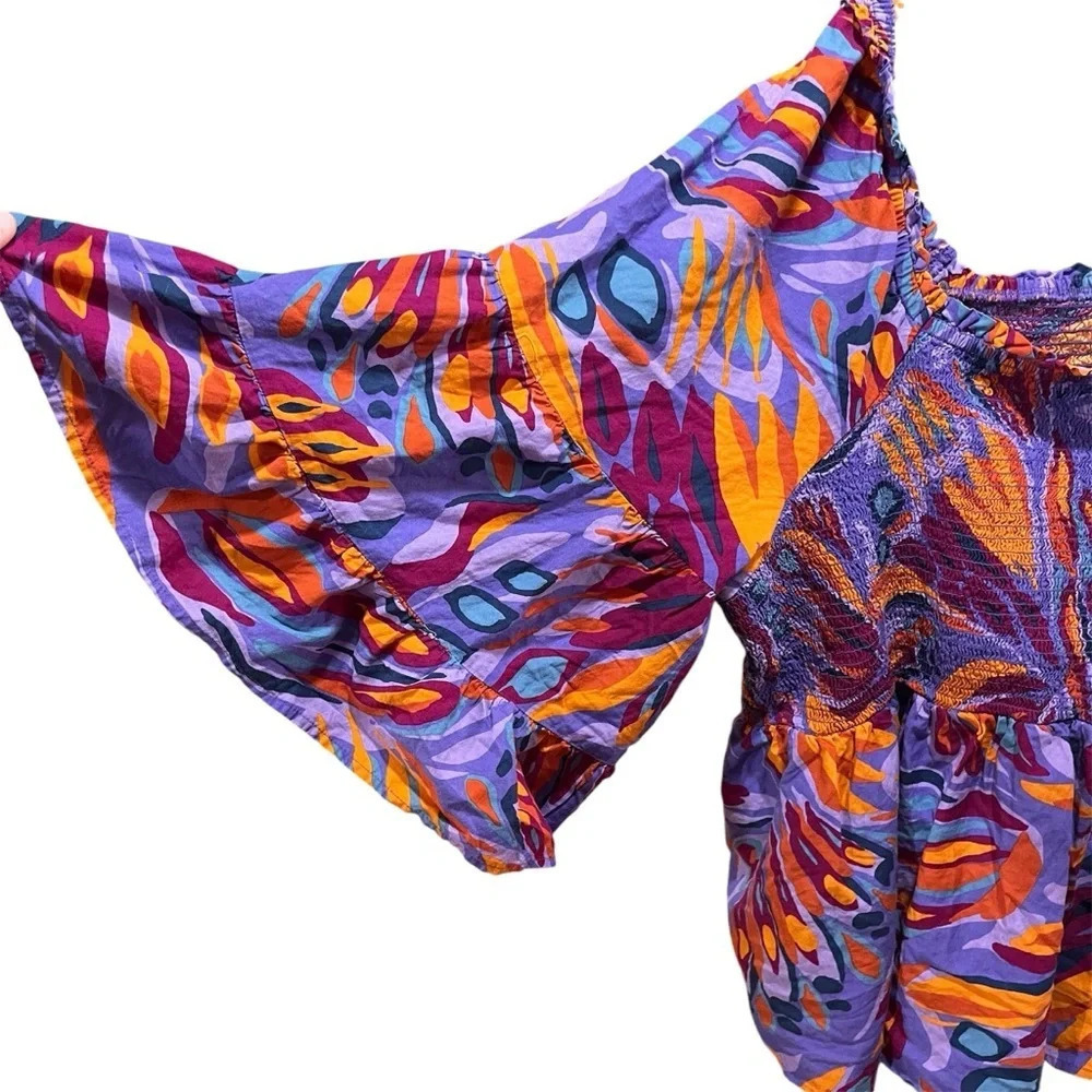 TERRA & SKY ~ Bright  Boho Smocked Top with Tiered Bell Sleeves Cotton Rayon 4X - Picture 5 of 10